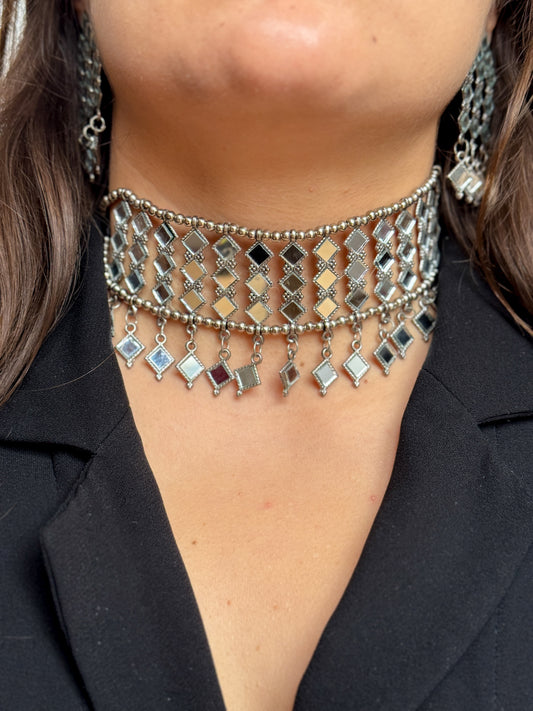 Mirror Choker ve Küpe Seti