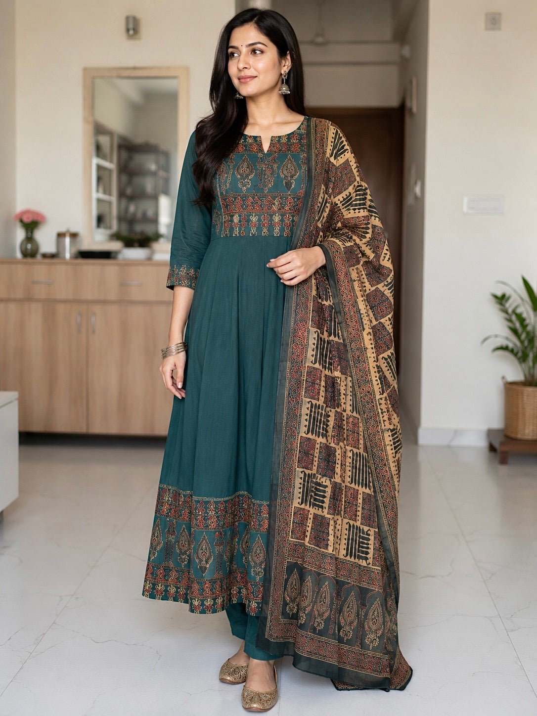 Ajrak Desen İşlemeli Anarkali Set